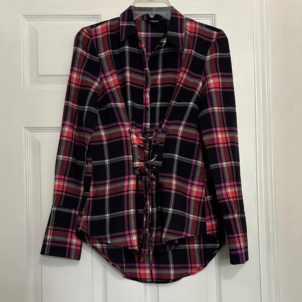 Express Fleece Pink and Black Plaid Flannel Corset style Button Down Shirt